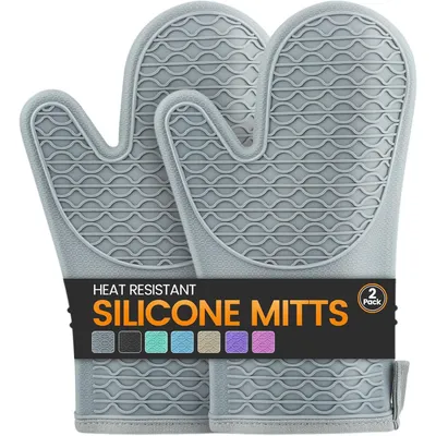 Silicone Oven Mitts, Heat Resistant 2PCS Oven Mitts With Soft Cotton Lining, Waterproof Non-Slip Grip Oven Glove, Kitchen Potholder Mits For BBQ, Baking, Cooking, 12.5 Inch - Grey
