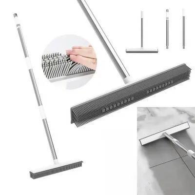2-in-1 Rubber Broom & Scraper Brush, Silicone Pet Hair Remover for Carpet and Hardwood Floors, Long Handle Sweeper for Tile and Windows