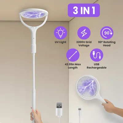 3 In 1 Electric Bug Zapper Racket 90Degree Rotating Bug Zapper Wand Indoor Outdoor Handheld Mosquito Swatter With Telescopic Extension Wand