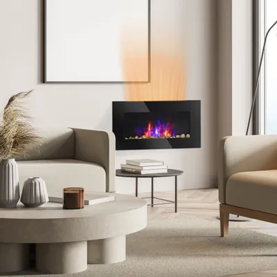 28.5" 1450W Electric Wall-Mounted Fireplace with Flame Effect, 7 Color Background Light, Black