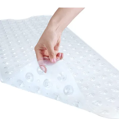 Bath And Shower Safety Mats 40x16 Inch, Non Slip With Suction Cups For Bathroom Stall And Tub Floor, Extra Large And Machine Washable, Drain Holes Keep Bathtub Clean, Clear
