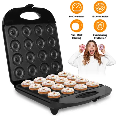 1Pc Mini Donut Maker Machine For Kids Snack Breakfast Desserts With 16 Doughnuts Holes Non Stick Coating Double-Side Heating Plates Overheating Protection