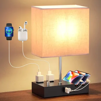 1Pc Fully Dimmable Table Lamp For Bedroom Living Room Bedside Lamp For Nightstand Dual USB Ports 2 Power Outlets LED Bulb Included