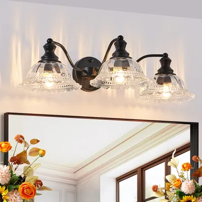 24 Inch 3-Light Vintage Bathroom Wall Sconce Elegant Black Metal And Glass Lampshade Vanity Light Fixture For Bathroom, Hallway, Or Bedroom Bulb Not Included
