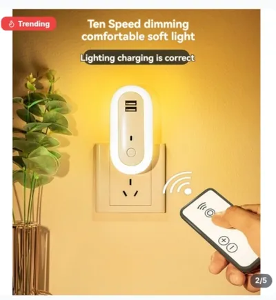 Remote Control LED Night Light Plug In Wall Light With Dual USB Charging Dimmable Lamp With Timer For Bedroom Nursery
