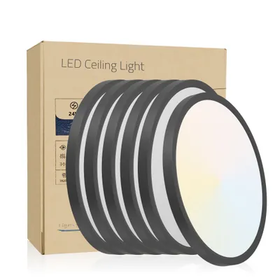 6PK 12 Inch Dimmable LED Flush Mount Ceiling Light, 2700K-6500K Adjustable,24W 2880LM Modern Ultra Thin Flat Round Fixtures For Low Ceiling Bedroom Kitchen Hallway Basement Closet, Black