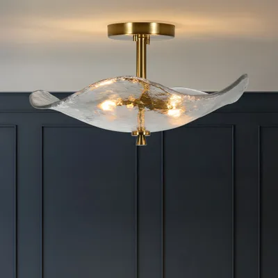 16.5inch Glass Semi Flush Mount Ceiling Light Fixture, 2-Lights Close To Ceiling Light, Modern Gold Ceiling Light Fixture For Bedroom Bathroom Hallway Entryway Kitchen Dining Room