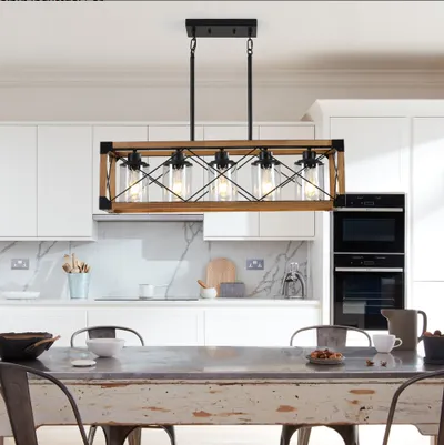 32 Inch Walnut Industrial Farmhouse Rectangle Pendant Light, 5-Light Chandelier With Lampshades For Dining Room, Kitchen Island, Cafe Decor No Bulbs