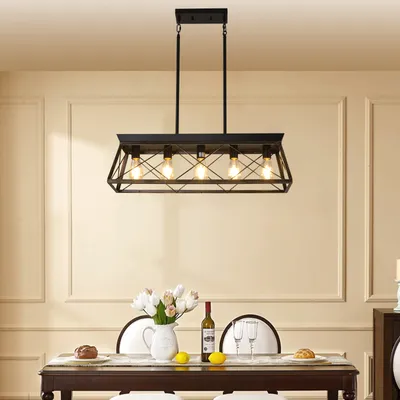 32in  Black Gold Industrial 5-Light Pendant Chandelier, Modern Metal Cage Design, Adjustable Hanging Light For Dining Room, Kitchen, Living Room  No Bulbs
