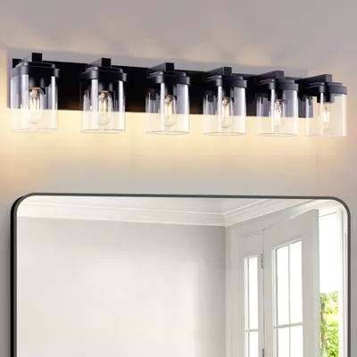 6 Light Bathroom Vanity Light, Matte Black Bathroom Light Fixtures With Clear Glass Shade, Vanity Light Fixtures Over Mirror For Bedroom Living Room NO BULBS