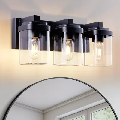 3 Light Bathroom Vanity Light, Matte Black Bathroom Light Fixtures With Clear Glass Shade, Vanity Light Fixtures Over Mirror For Bedroom Living Room NO BULBS