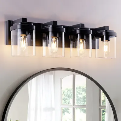4 Light Bathroom Vanity Light, Matte Black Bathroom Light Fixtures With Clear Glass Shade, Vanity Light Fixtures Over Mirror For Bedroom Living Room NO BULBS
