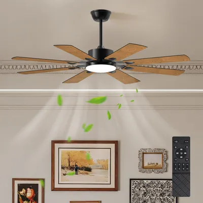 52 Inch Ceiling Fan With Lights And Remote Control, 8 Plywood Blades, 6-Speed Noiseless Reversible DC Motor, 3CCT, Windmill Ceiling Fan For Kitchen Bedroom Living Room, Black