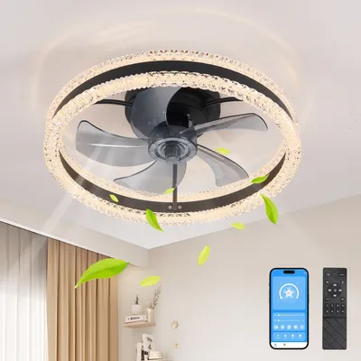 20in Luxury Double Ring LED Ceiling Fan With Light -Modern Flush Mount Design, Hidden Blades, Dimmable Lighting & Remote Control, Low Profile Silent Fan For Bedroom, Living Room  Black