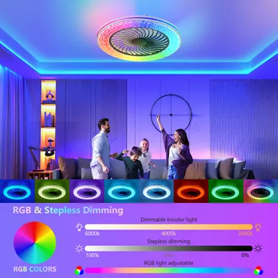 23 Inch Led Enclosed Ceiling Fans With Lights, RGB Bladeless Modern Ceiling Fan Low Profile For Living Room  23 Inch