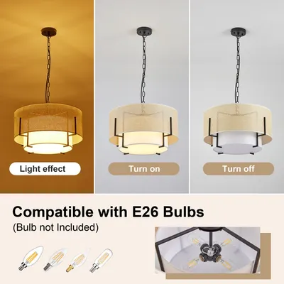 19.7in  Farmhouse Boho Chandelier,4-Light Hand Woven Rattan Pendant Light With Fabric Shade Rustic Drum Chandelier For Dining Room Kitchen Bedroom Foyer Entryway Living Room Bulb Is Not Including