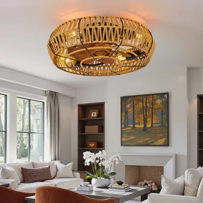 19in Caged Ceiling Fans With Lights And Remote, Boho Flush Mount Ceiling Fan With Light, Low Profile Chandelier 6 Speed Bladeless Reversible Ceiling Fan W 4 Bulbs. For Living Room Bedroom.