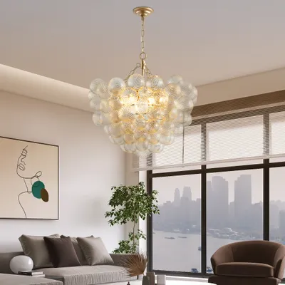 23.6-Inch Gold Pendant Light Chandelier With Threaded Clear Glass Globe Shade - Adjustable Height, Ideal For Living Room, Dining Room, Kitchen  No Bulbs