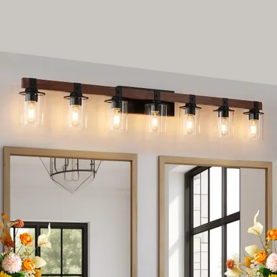 50in Rustic 7-Light Vanity Light, Industrial Bathroom Wall Sconce With Glass Shades And Wood Accent, Modern Farmhouse Lighting Fixture  No Bulbs