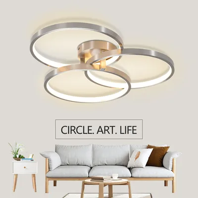 20in Modern LED Ceiling Light Fixture - Circular 3-Ring Design, Dimmable, Contemporary Brushed Nickel Finish For Living Room, Bedroom & Office