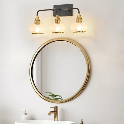 23in Modern 3-Light Vanity Wall Sconce - Black And Gold Bathroom Light Fixture With Clear Glass Shades, Industrial Wall Mounted Lamp For Mirror, Vanity, And Living Spaces Bulb Not Included