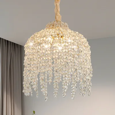 16 Inch 5-Light Crystal Pendant Light Chandelier- Elegant Waterfall Design With Grape-Shaped Crystal Bead Strings And Gold Finish For Living Room, Bedroom, Or Dining Area  Bulb Not Included