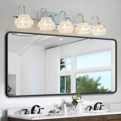 29 Nickel Finish Vintage Crystal Vanity Light - Elegant 5-Light Bathroom Mirror Fixture With Clear Glass Shades  No Bulbs