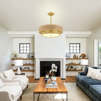 17.7 Inch Woven Rattan Linen Semi Embedded Ceiling Light Fixture, Suitable For Bedrooms, Kitchens, Dining Rooms, Living Rooms, Corridors, Farmhouses, Gold Core Pendant Lights  Excluding Light Bulbs