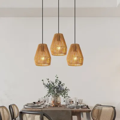 7inch Set Of 3 Rustic Hemp Rope Pendant Light, Handcrafted Farmhouse Hanging Light Fixture, Adjustable Height Ceiling Lamp For Kitchen Island, Dining Room,Or Living Room, Natural Woven Design No Bulbs
