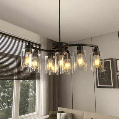 9-Light Black Modern Chandeliers For Dining Room, Adjustable Height Farmhouse Kitchen Island Lighting, Industrial Hanging Light Fixtures For Living Room Bedroom, Clear Glass Shade