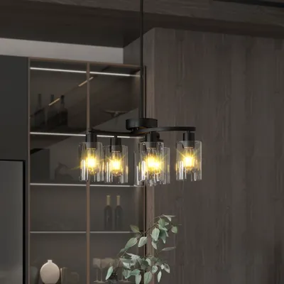 6-Light Modern Farmhouse Black Chandelier, Contemporary Dining Room Light Fixture, Adjustable Height Hanging Industrial Pendant Lights Kitchen Island, Clear Glass Shade
