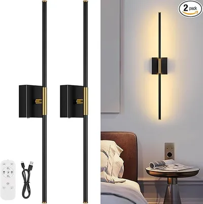 Minimalist Black And Gold Remote-Dimmable Battery-Operated Wall Lamp For The Living Room