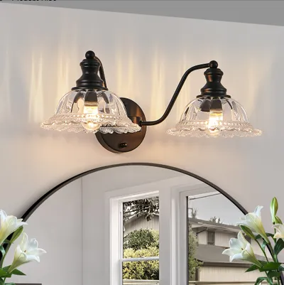 20 Inch 2-Light Vintage Bathroom Wall Sconce - Elegant Black Metal And Glass Lampshade Vanity Light Fixture For Bathroom, Hallway, Or Bedroom Bulb Not Included