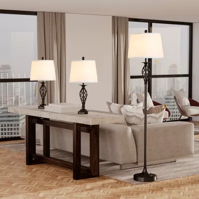 3 Piece Table Floor Lamp Set with Metal Pole, Round Base, and Fabric Lampshade, for Living Room, Black/White