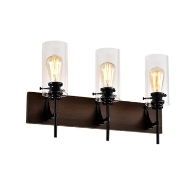 3-Light Matte Black Wood Color Bathroom Light Fixtures, Modern Vanity Lights With Glass Shade, Vintage Light Fixture Bathroom Over Mirror Wall Lights For Kitchen Dinning Room Bedroom Hallway
