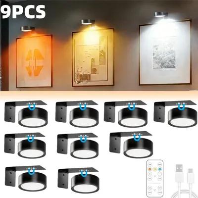Picture Lights For Wall, Battery Powered Magnetic Lights With 3 Lighting Color Dimmable Timer Art,Poster,Gallery,Painting Display,Photos,Frame,Wall Light, Black 9PCS