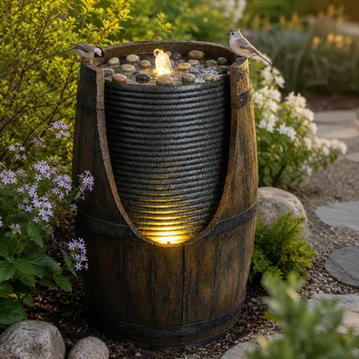 Outdoor Water Fountain With Bird Waterer, Rustic Barrel Garden Fountain With LED Lights And Pump, Faux Wood Resin Water Feature For Patio Backyard Porch Yard