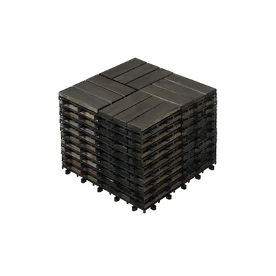 Acacia Wood Interlocking Deck Tiles Checker Pattern, 10PCS 12inch X 12inch Square Dark Brown Acacia Hardwood Outdoor Flooring For Patio, Bancony, Pool Side