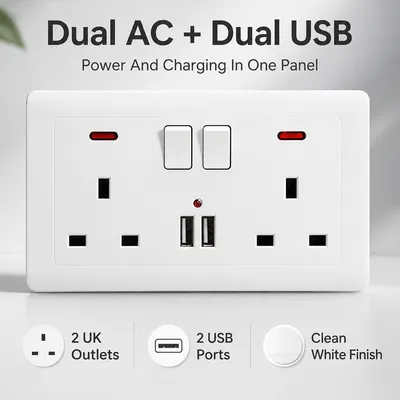 Double Wall Plug Socket 2 Gang 13A W  2 Charger USB  Outlets Flat Plate UK