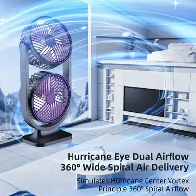5 Gear Dual-Head Desktop Fan USB Rechargeable Low Noise Double Head Desk Fan Night Light Independent Control