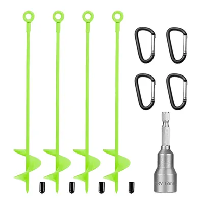 4-Piece Ground Anchor Set:Trampoline Ground Anchors,Spiral Ground Anchors,Heavy-Duty Anchors For Screwing In With Adapter,4 Carabiner Clips For Securing Tents,Trampolines, Canopies,and Gazebos