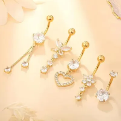 14G Stainless Steel Zircon Heart-shaped Women's Belly Ring Butterfly Pendant