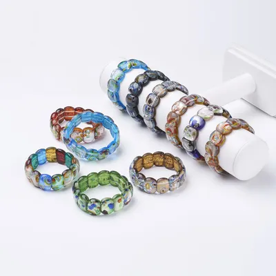 10PCS Mixed Color Handmade Millefiori Lampwork Beaded Stretch Bracelets, With Silver Foil