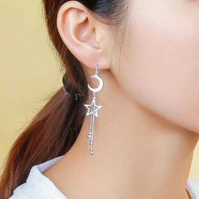 1 Pair 999 Sterling Silver Moon & Star Long Tassel Earrings, Shiny & Elegant, Perfect For Daily, Party & Dating, Ideal Valentine's Gift