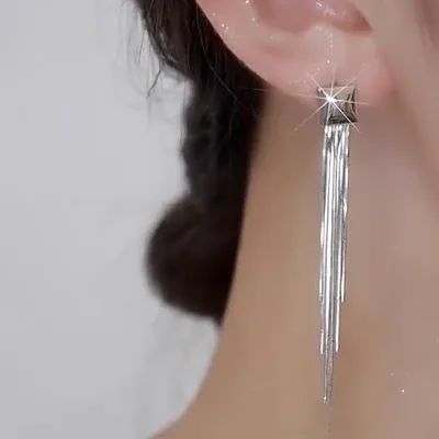 1 Pair 999 Sterling Silver Minimalist Square Long Tassel Earrings, Elegant & Slimming, Perfect For Daily, Party & Dating, Ideal Valentine's Gift