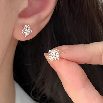 1 Pair 999 Sterling Silver Hollow Clover Stud Earrings, Minimalist & Elegant, Perfect For Daily, Dating & Gifting, Ideal Valentine's Gift