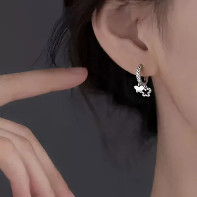 1 Pair 999 Sterling Silver Faceted Butterfly & Clover Hoop Earrings, Minimalist & Elegant, Perfect For Daily, Dating & Gifting, Ideal Valentine's Gift