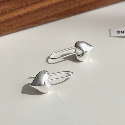 1 Pair 999 Sterling Silver 3D Heart Safety Pin Style Earrings, Minimalist & Trendy, Perfect For Daily, Dating & Gifting, Ideal Valentine's Gift