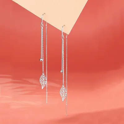 1 Pair 999 Sterling Silver Hollow Leaf Long Tassel Threader Earrings, Minimalist & Elegant, Perfect For Daily, Dating & Business, Ideal Valentine's Gift