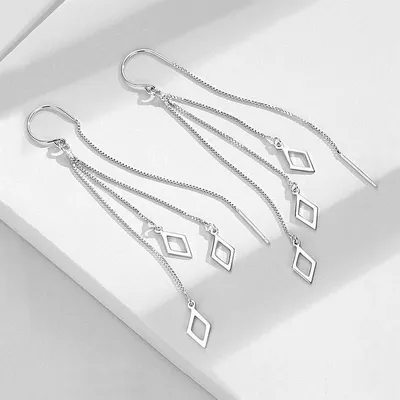 1 Pair 999 Sterling Silver Hollow Rhombus Long Tassel Threader Earrings, Minimalist & Elegant, Perfect For Daily, Dating & Business, Ideal Valentine's Gift